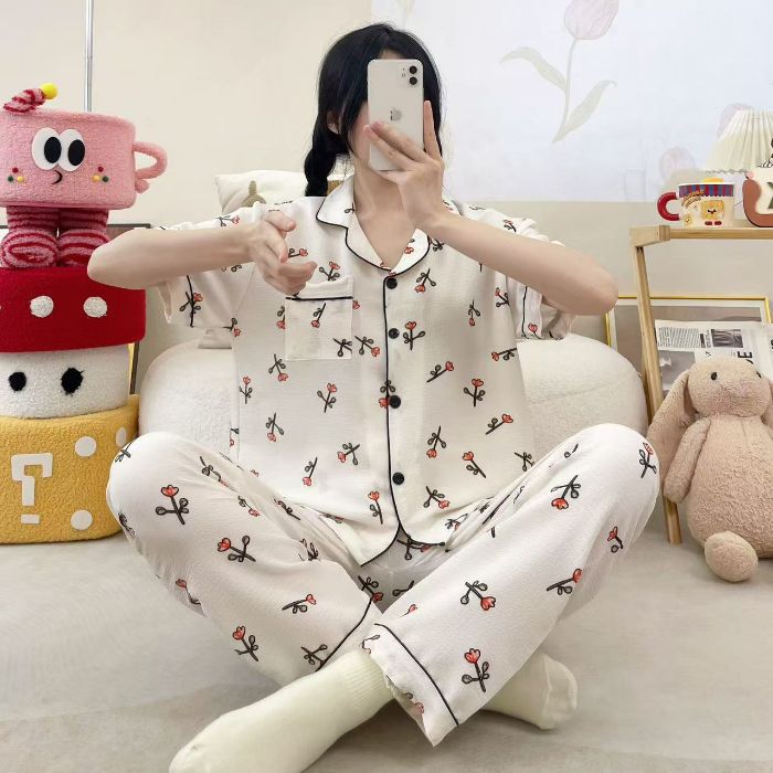 Vietnam transfronterizo al por mayor pijamas de verano para mujer, pantalones frescos de manga corta, cárdigan estampado, servicio a domicilio, dos trajes