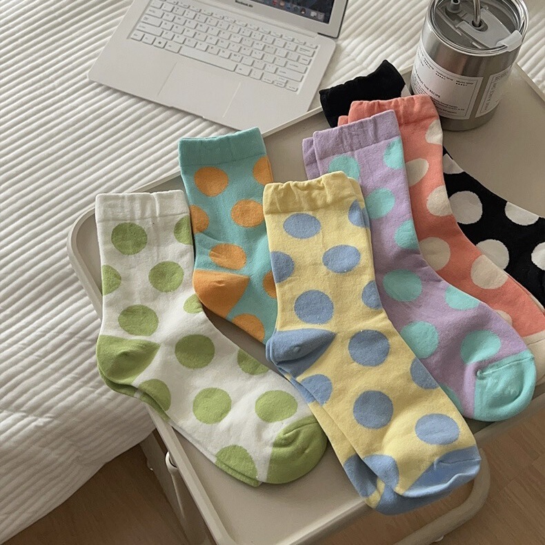 Colorful Polka Dot Socks for Women Spring and Summer Cotton Mid-Calf Socks Autumn and Winter Polka Dot K-Style Versatile Ins Trendy Girl Pile Socks