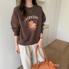 013 慵懒风圆领卫衣女秋季新款薄款卡通猫咪套装卫衣女长袖外套潮