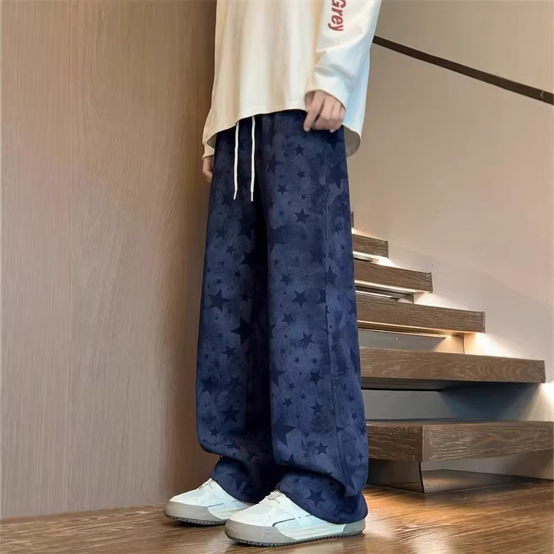 Navy Blue American-Style Star-Patterned Sweatpants for Men, Autumn and Winter Trendy Color-Blocking Casual Pants, Loose Drape Sports Pants Navy Blue American-Style Star-Patterned Sweatpants for Men, Autumn and Winter Trendy Color-Blocking Casual Pants, Loose Drape Sports Pants