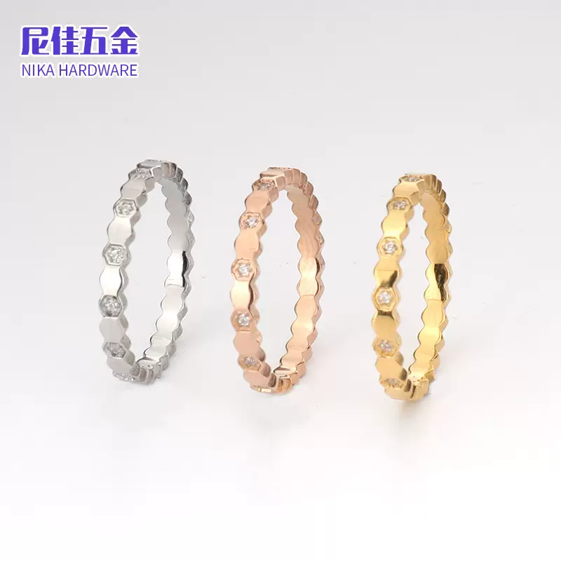韩版钛钢不褪色几何简约六边形镶皓石戒指 时尚蜂窝百搭女款手饰