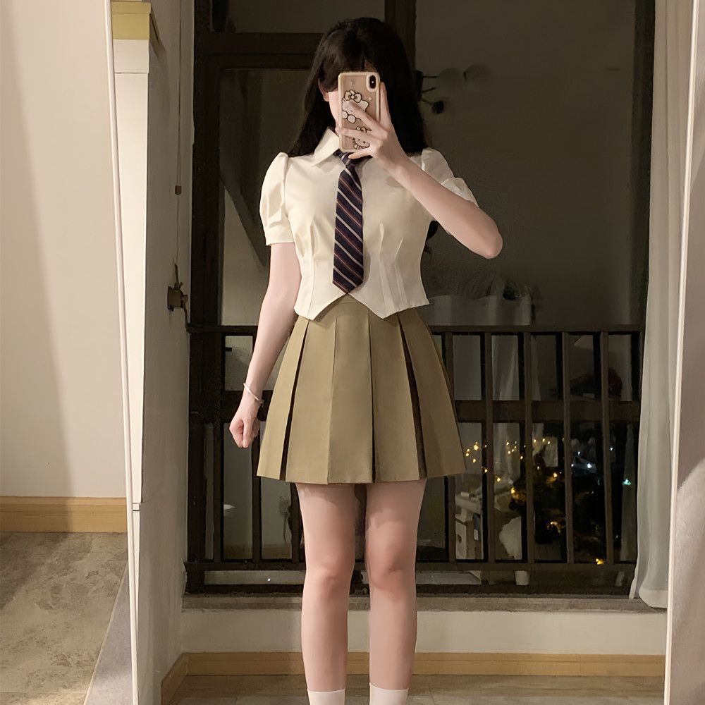 재고 도매 JK 원래 디자인 순수 바람 숙녀 허리 흰색 셔츠 버블 슬리브 슬림 짧은 소매 셔츠