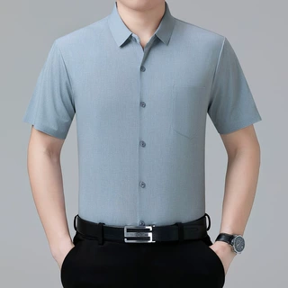 专柜正品男装衬衫短袖桑蚕丝夏季新款中年有口袋上衣商务纯色衬衣