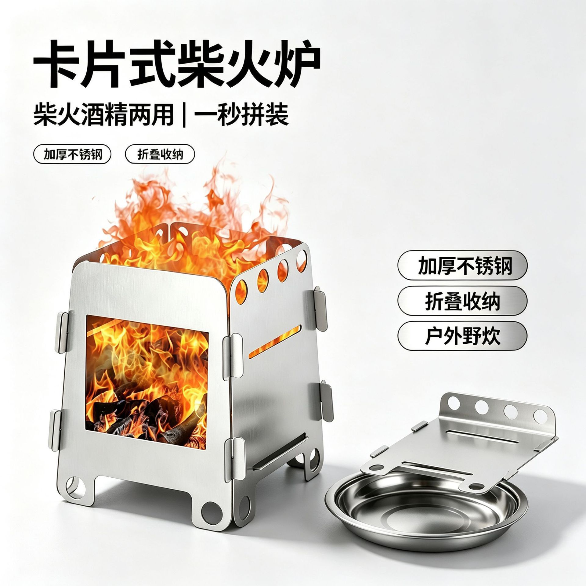 In-stock stainless steel card stove with alcohol tray for outdoor picnics, detachable barbecue stove, portable heating stove