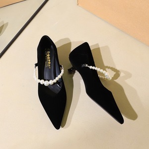 2355-K216 French pointed Mary Jane shoes for women, slim heels with pearls, versatile suede temperament, small single sh