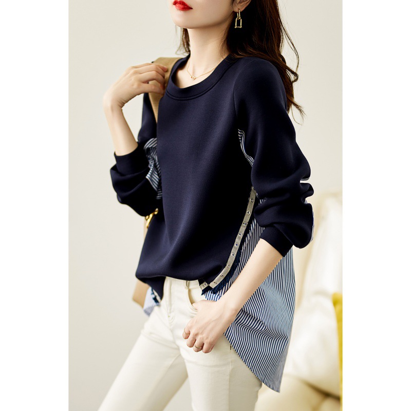 21 Autumn Fashion Top Casual Age-reducing Back Single-breasted Air Cotton + Striped Stitching Shirt Women's Sweater