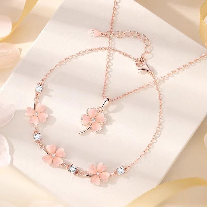 Cat's Eye Clover Pink Crystal Necklace Women's Jewelry Set for Best Friend and Girlfriend Valentine's Day Birthday Gift