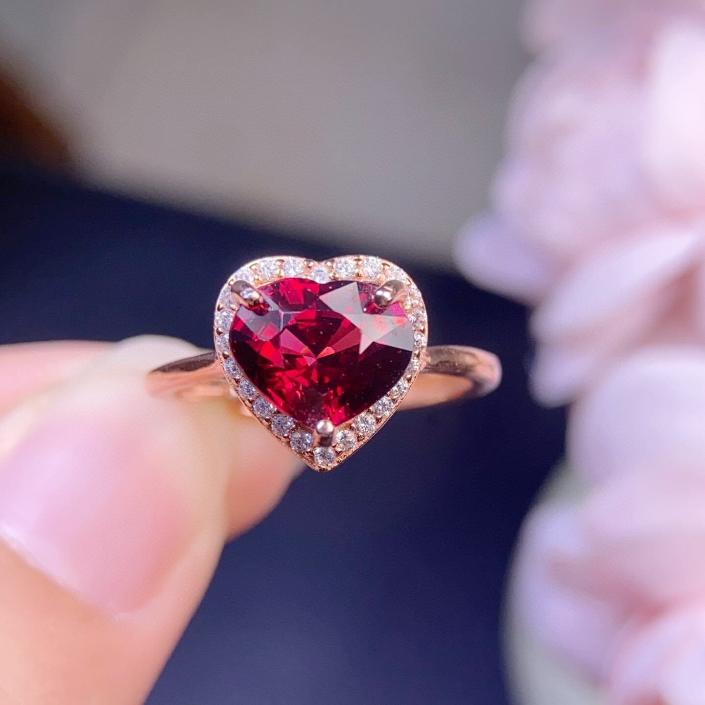 Organic ring with stone pomegranate