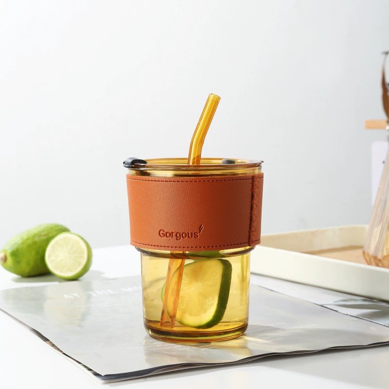 Copo de água âmbar + tampa do copo + canudo / 401-500ml