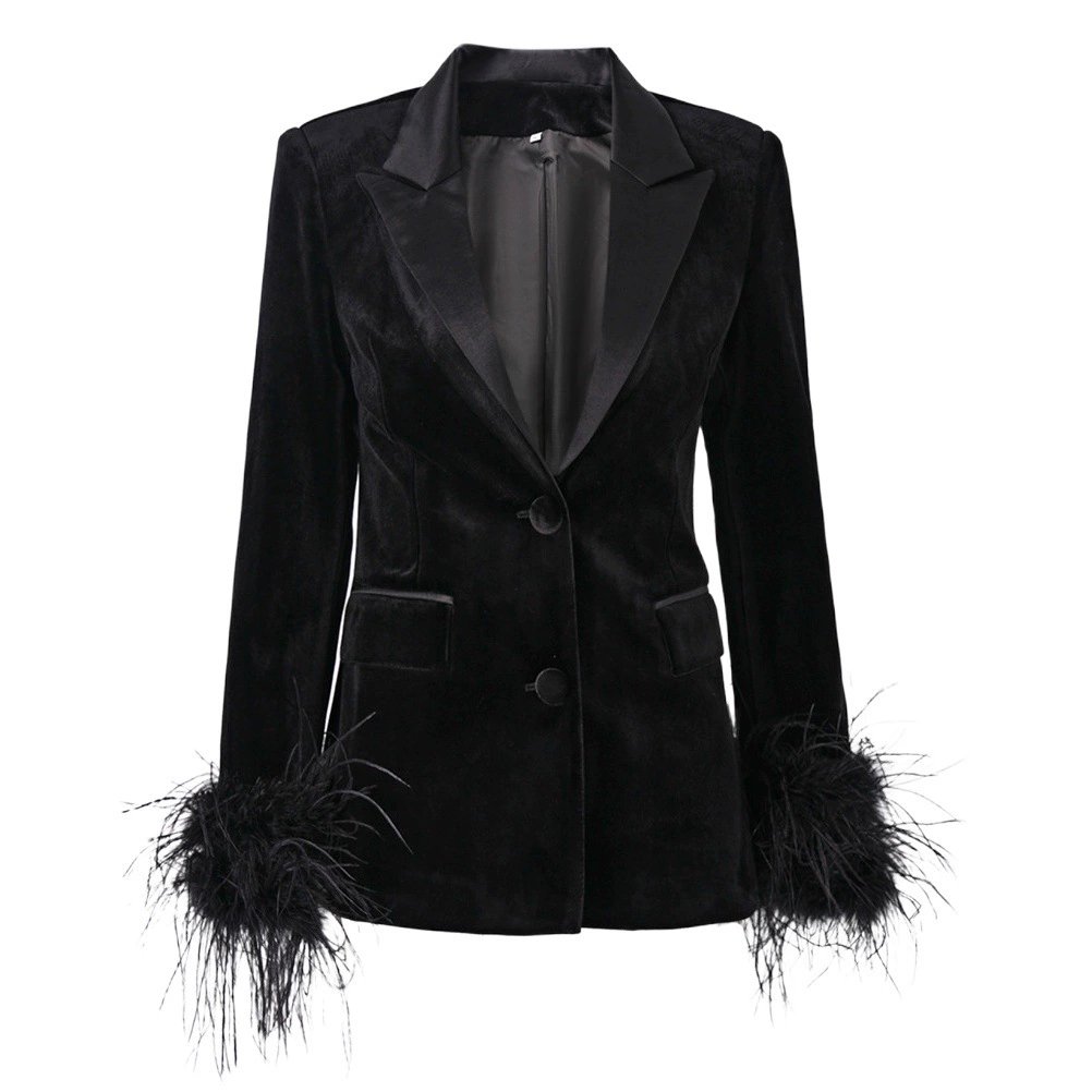 В наличии 2023 осенне-зимний Европейский и американский стиль с украшением из перьев Черный пиджак из страусиных волос трансграничное верхнее платье для женщин