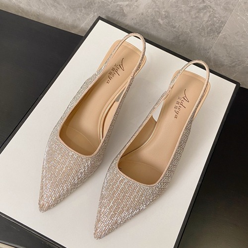 Slim heel rear tripping sandals for spring Korean new pointed toe rhinestone high heels bag-toe side empty shoes