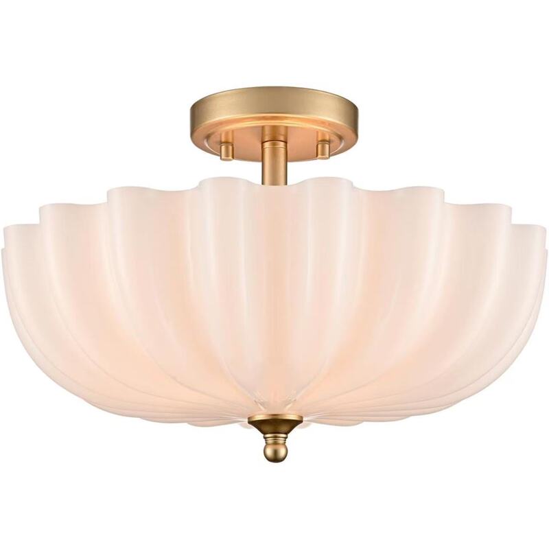 Vintage Cream-Style Floral Milk Glass Shade Brass Gold Semi-Embedded Ceiling Chandelier Suitable for Various Spaces