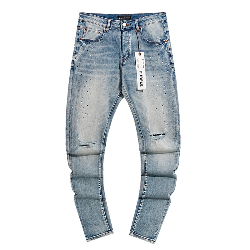 Comercio exterior transfronterizo mayorista purp1e estilo americano marca de alta calle agujero parche de tinta retrógrada lavado jeans pantalones cortos