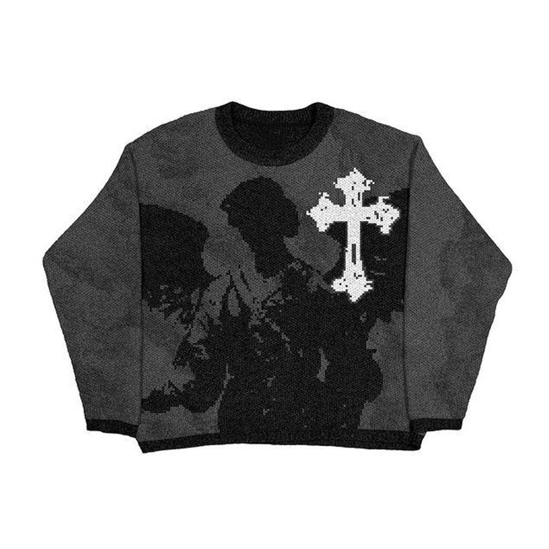 Men's Clothing trend jacquard round neck loose knit sweater couple dark series pullover sweater _voghion.com
