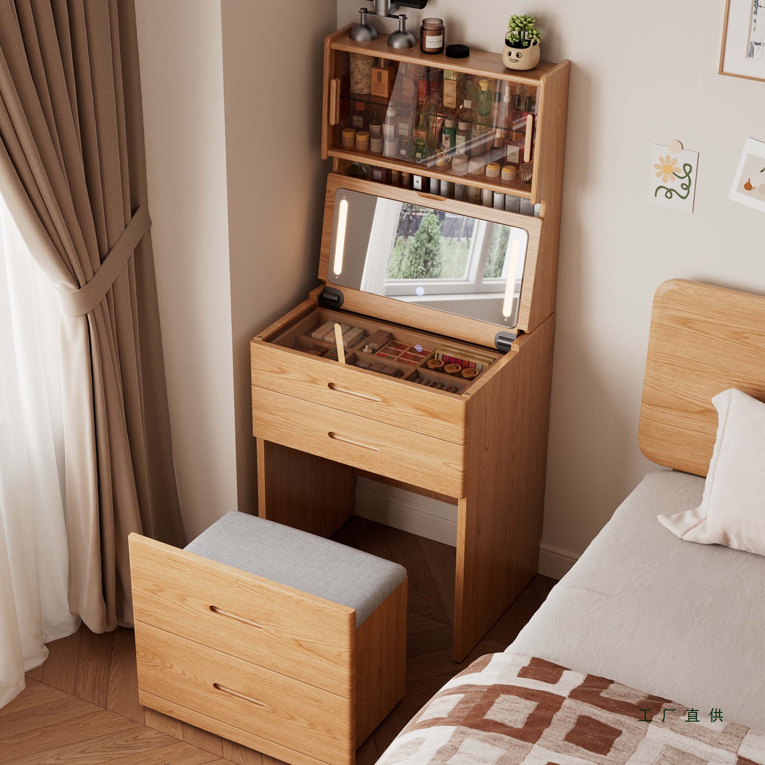 Solid Wood Small Dressing Table Small Bedroom Bedside Table Dressing Table Integrated Mini Flip Dressing Table