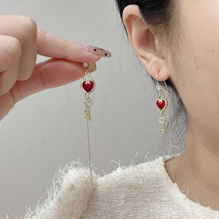 New red love concentric lock long tassel ear wire micro-embellished fashionable high-end earrings versatile temperament earrings
