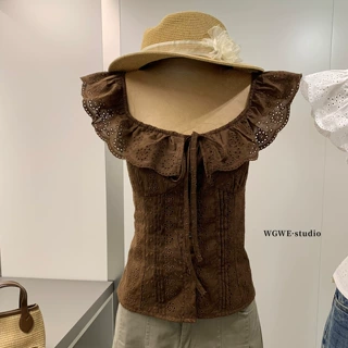 WGWE 2026夏荷叶边减龄蕾丝镂空短袖衬衫女压褶收腰短款娃娃上衣