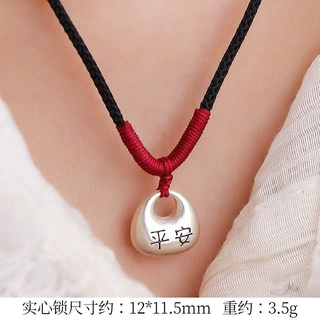 足银999纯银项链女实心小银锁小胖福吊坠轻奢小众编织长命平安锁