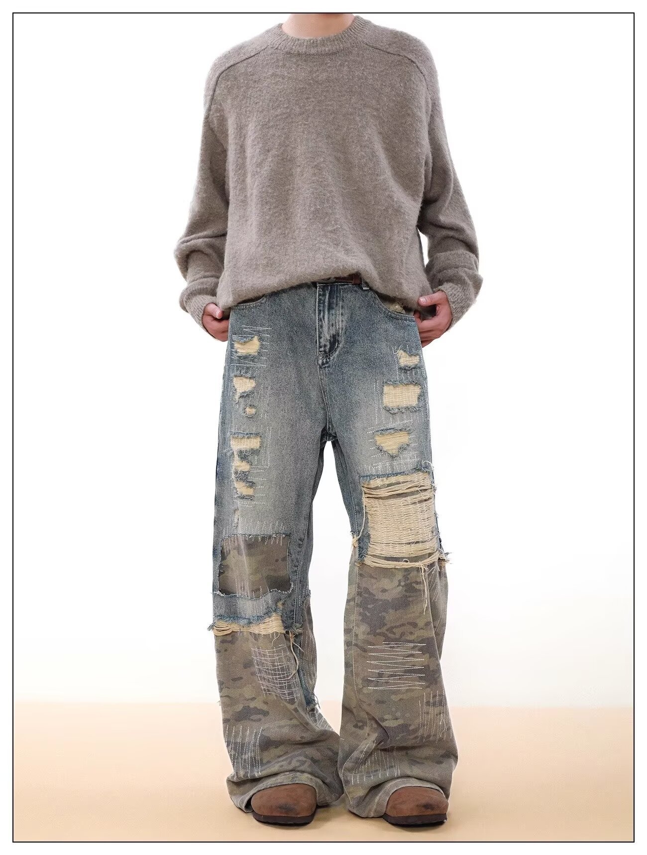 Jeans uomo vintage denim distressed patchwork camouflage blu_voghion.com