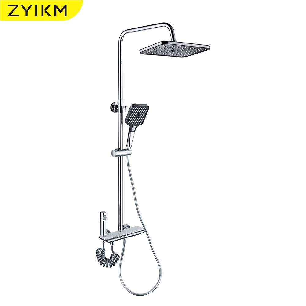 Gun gris ducha de alta gama juego de ducha de cuatro velocidades multimodo de galvanoplastia en frío y caliente decoración de baño juego de ducha sobrealimentado