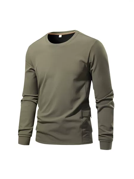 Men's Round Neck Long Sleeve Quick-Dry Sports Sweatshirt for Spring and Autumn Outdoor Casual Breathable Warm Solid Color Pullover