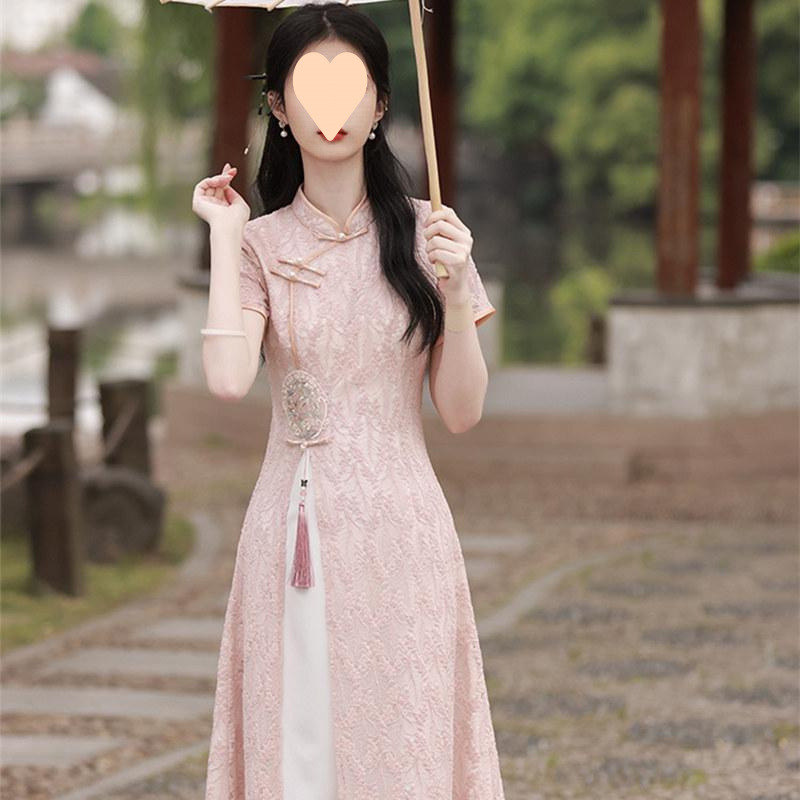 蕾絲奧黛旗袍改良2025新款夏季年輕款少女日常收腰繡花茶服連衣裙