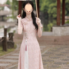 蕾絲奧黛旗袍改良2025新款夏季年輕款少女日常收腰繡花茶服連衣裙