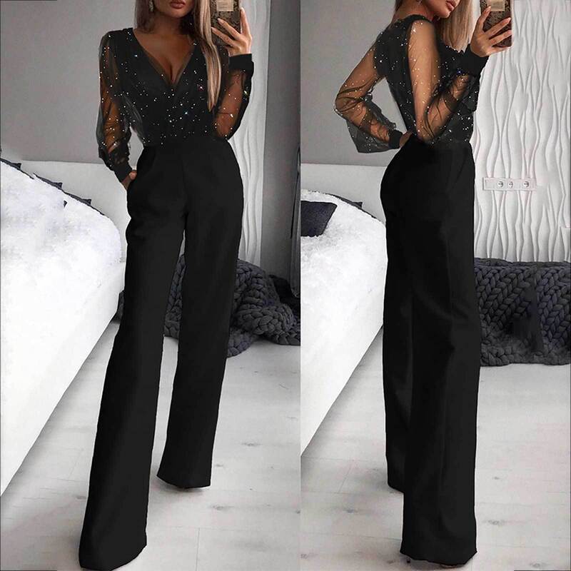 Amazon cross-border e-commerce women's casual V-neck mesh stitching powder jumpsuit