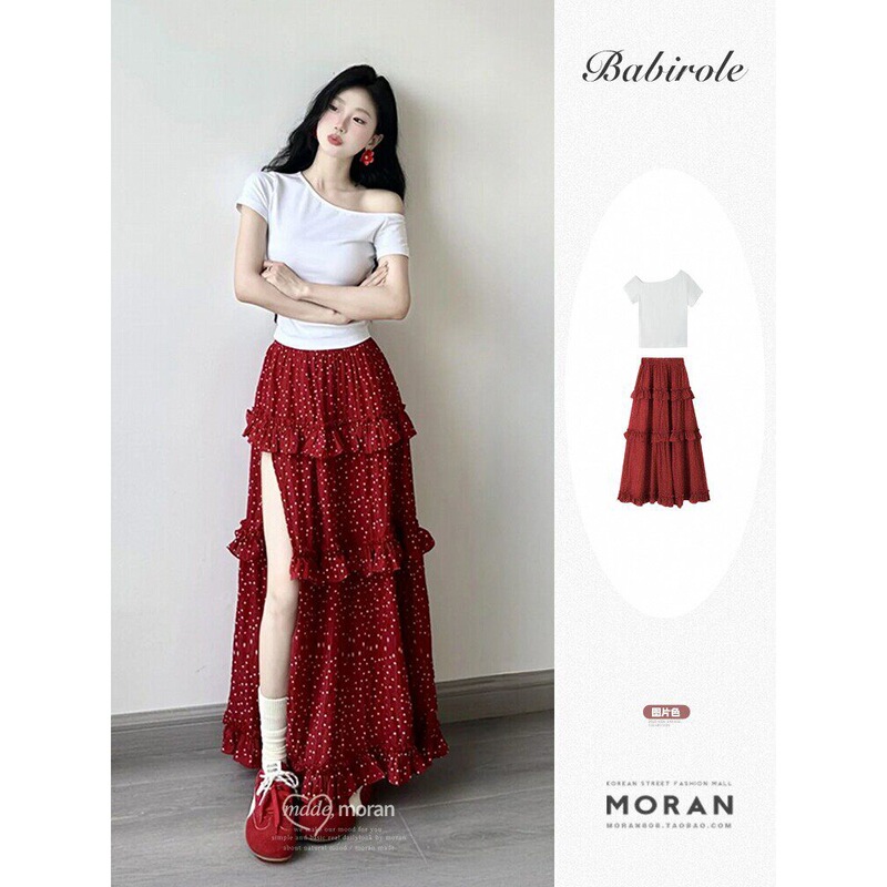 French Retro Red Polka Dot Slit Skirt for Women, High-Waisted Lace Sweet Long Skirt, T-Shirt Top, Summer Suit French Retro Red Polka Dot Slit Skirt for Women, High-Waisted Lace Sweet Long Skirt, T-Shirt Top, Summer Suit
