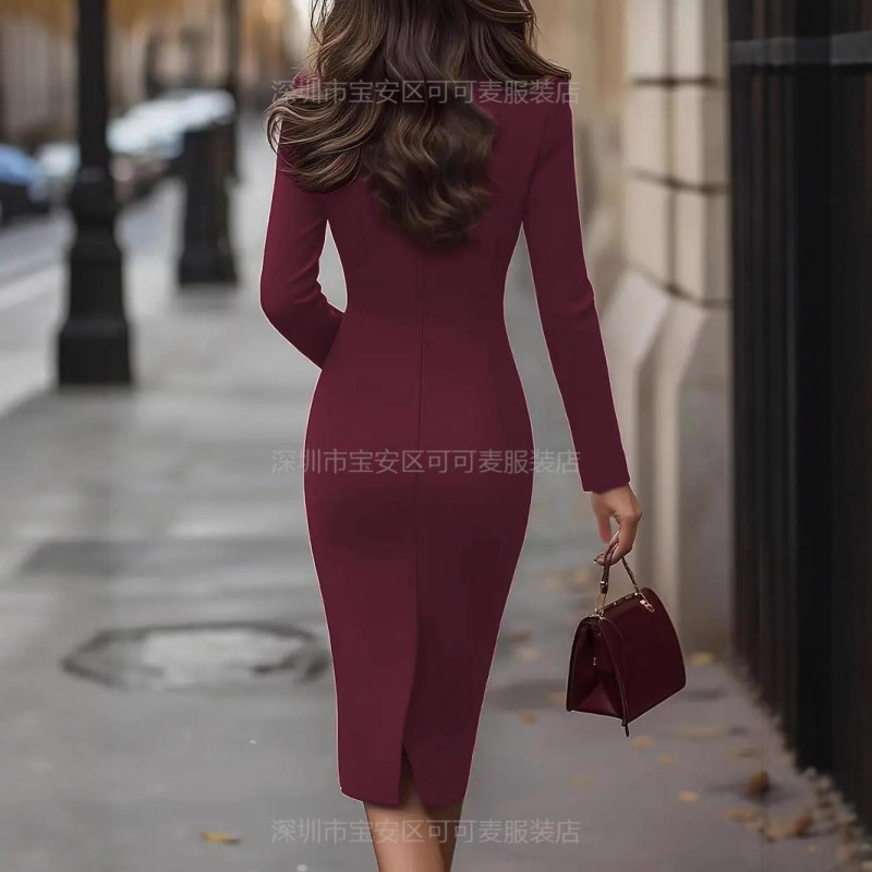 2025亚马逊跨境欧美秋装新款气质女通勤修身长袖钮扣职业连衣裙|undefined