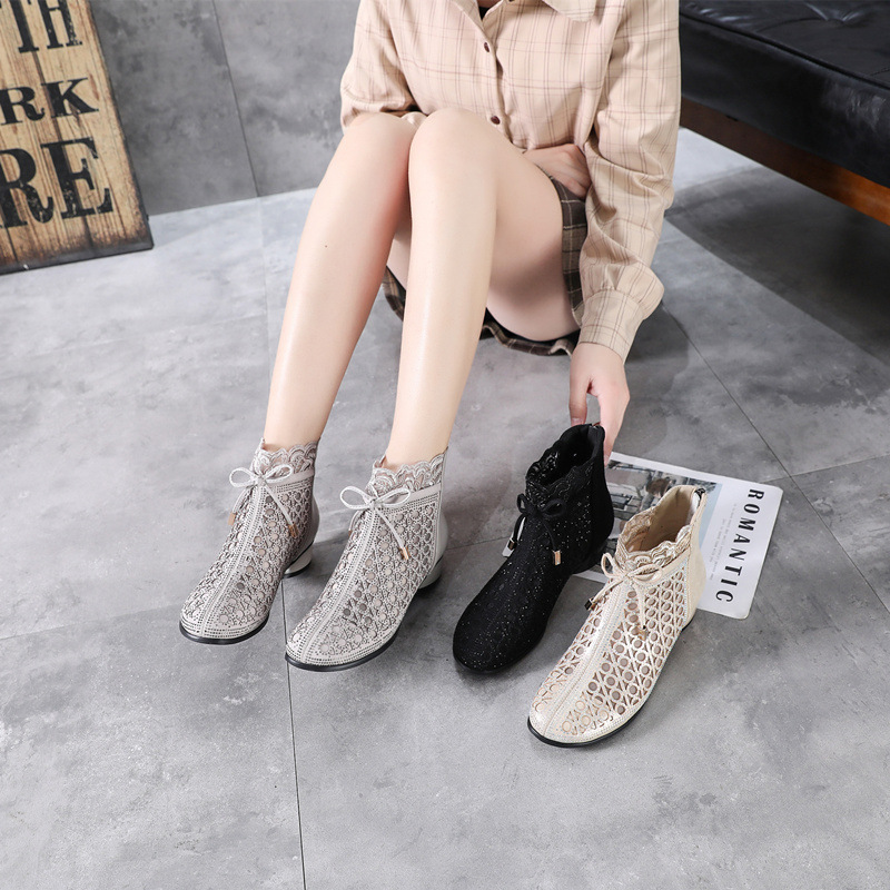 2022 summer New genuine leather hollow mesh boots thick heel mesh short boots mid heel fashion plus size single boots soft bottom women's boots 2022 summer New genuine leather hollow mesh boots thick heel mesh short boots mid heel fashion plus size single boots soft bottom women's boots