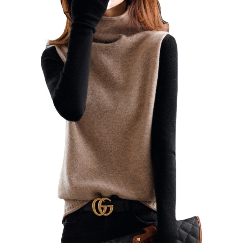 Cashmere suéter Chaleco de las mujeres otoño e invierno nuevo cuello alto botón sin mangas Top Loose adelgazamiento lana punto