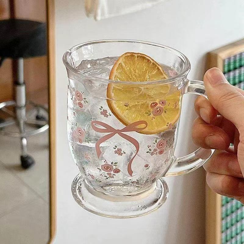 少女心INS法式玫瑰玻璃杯蝴蝶结碎花冷萃杯情侣牛奶杯咖啡早餐杯|undefined