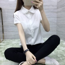 跨境2023夏季新款娃娃领棉麻短袖衬衫小清新修身文艺中袖白衬衣女