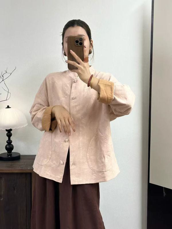 秋装新款女装提花亚麻双层外套时尚气质立领手工盘扣国风上衣女|undefined