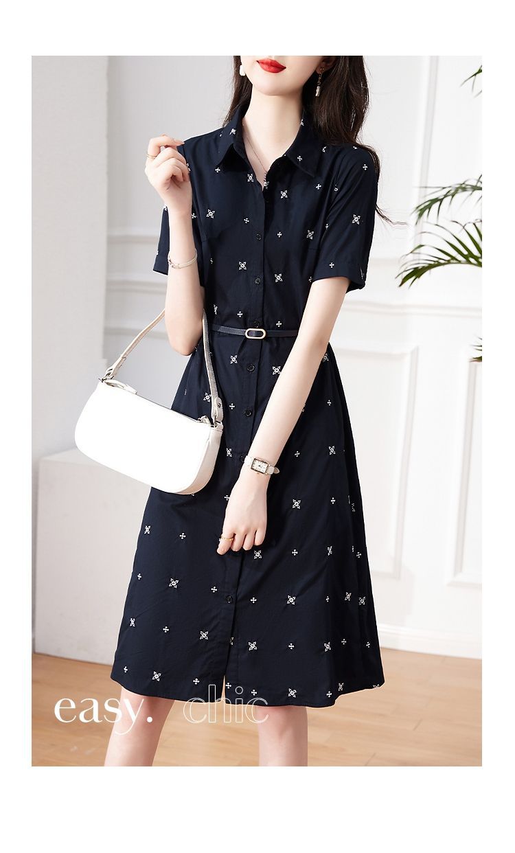 Váy sơ mi nữ cổ POLO tay ngắn in họa tiết thắt eo — màu xanh hải quân chi tiết 8