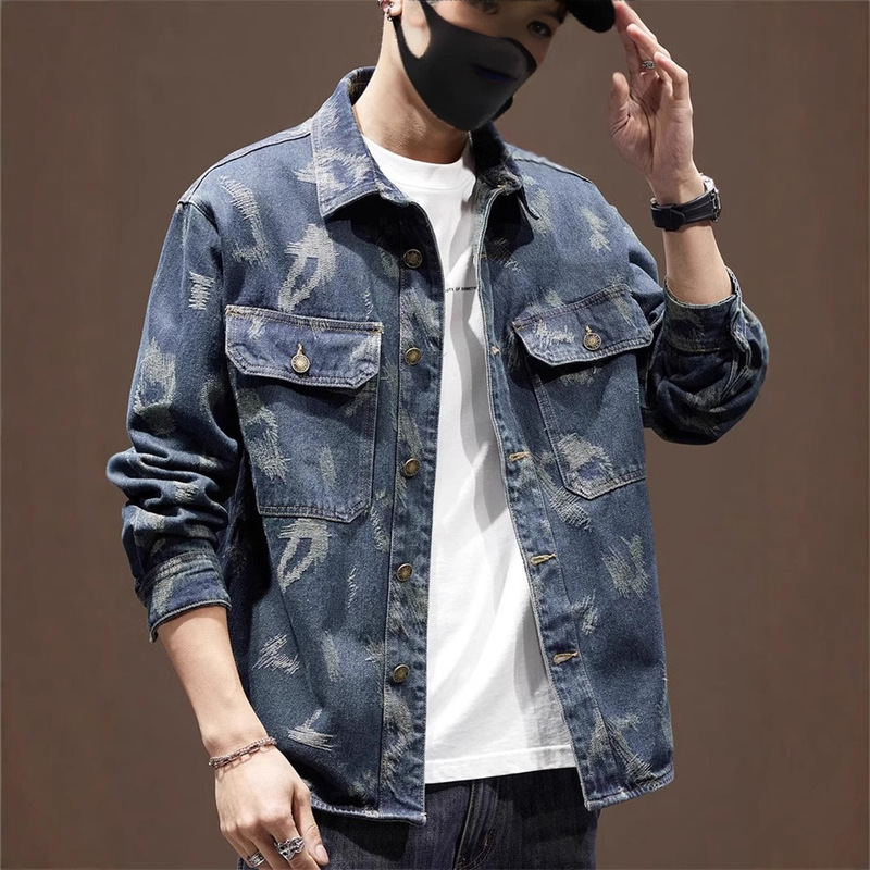 2026 European and American Style Loose Denim Jacket Men's Shirt Designer Vintage Jacquard Jacket Spring and Autumn Stylish Trendy Men's Shirt