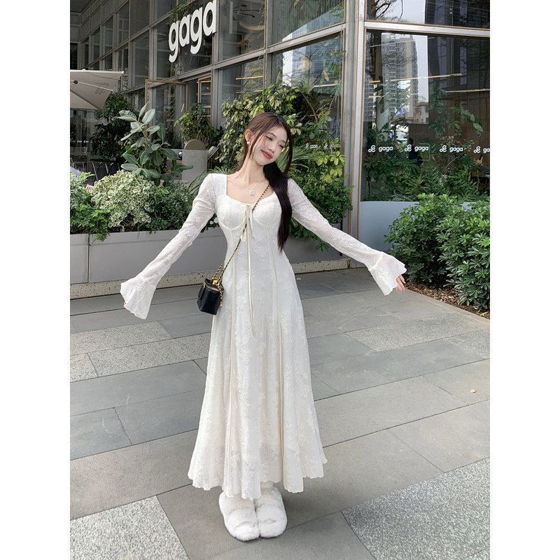 新中式加绒加厚连衣裙女秋冬2025新款温柔风收腰显瘦蕾丝长袖长裙|undefined