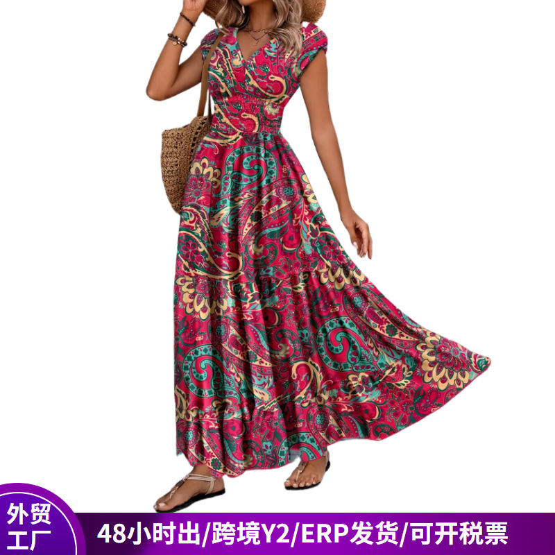 In-Stock 2026 Plus-Size Women's New Printed V-Neck Waist-Cinching Long Dress, Popular on Independent Platforms, European and American Style Short-Sleeve Dress In-Stock 2026 Plus-Size Women's New Printed V-Neck Waist-Cinching Long Dress, Popular on Independent Platforms, European and American Style Short-Sleeve Dress