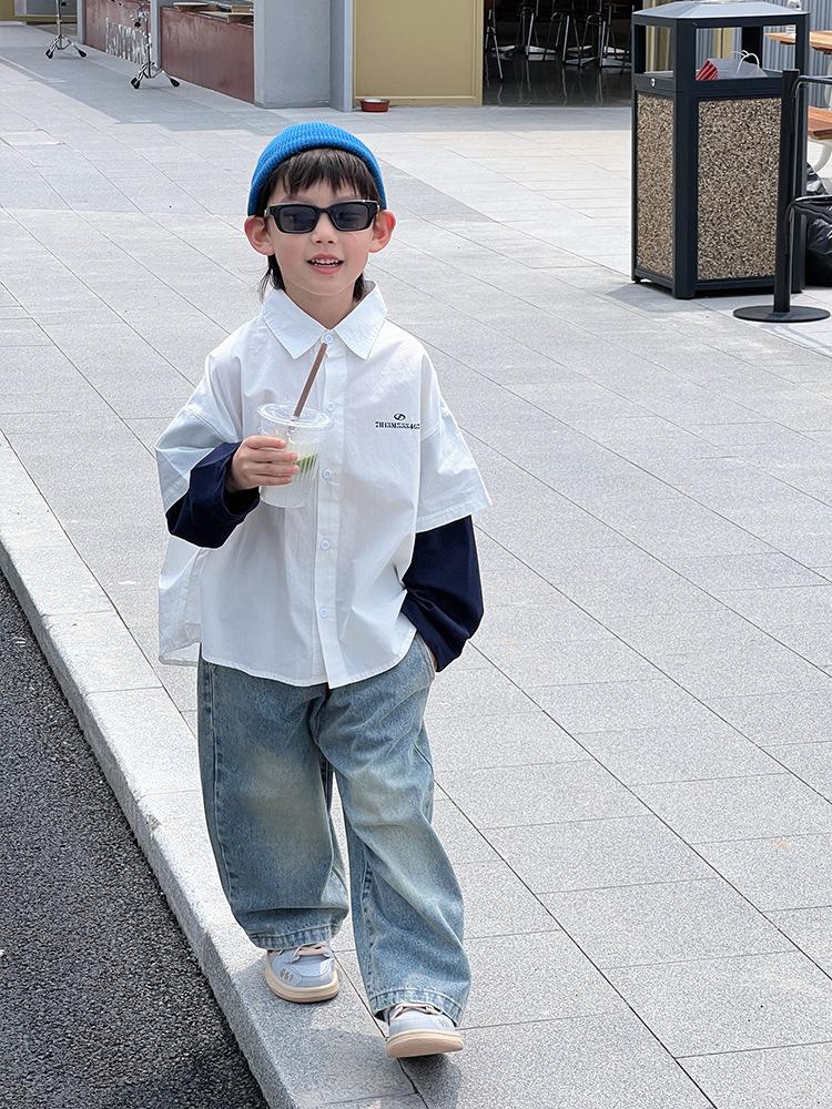 Camisas infantiles, camisas blancas falsas para niños, dos piezas de primavera y otoño, 2025 nuevas camisas de primavera para niños pequeños