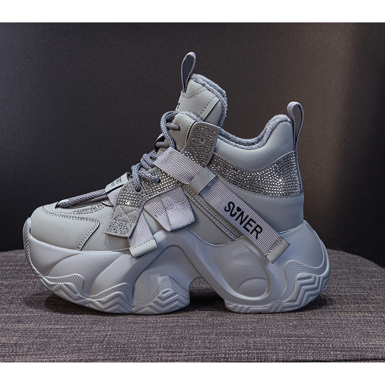 Giày sneaker nữ chunky đế dày tăng chiều cao 8cm, đính đá pha lê, dây buộc thời trang — M2991 lót đơn màu đen, M2991-1 plus nhung nâu, M2991 lót đơn màu xám, M2991-1 plus nhung xám chi tiết 19