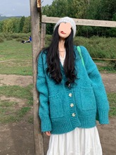 显白！软糯羊驼绒湖水绿针织开衫女2025秋上新宽松慵懒风外套
