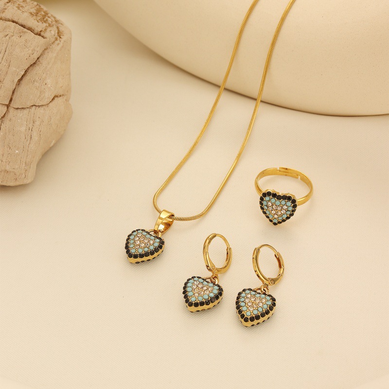 新疆满钻爱心眼睛饰品套装轻奢几何项链耳环开口戒指全套首饰批发