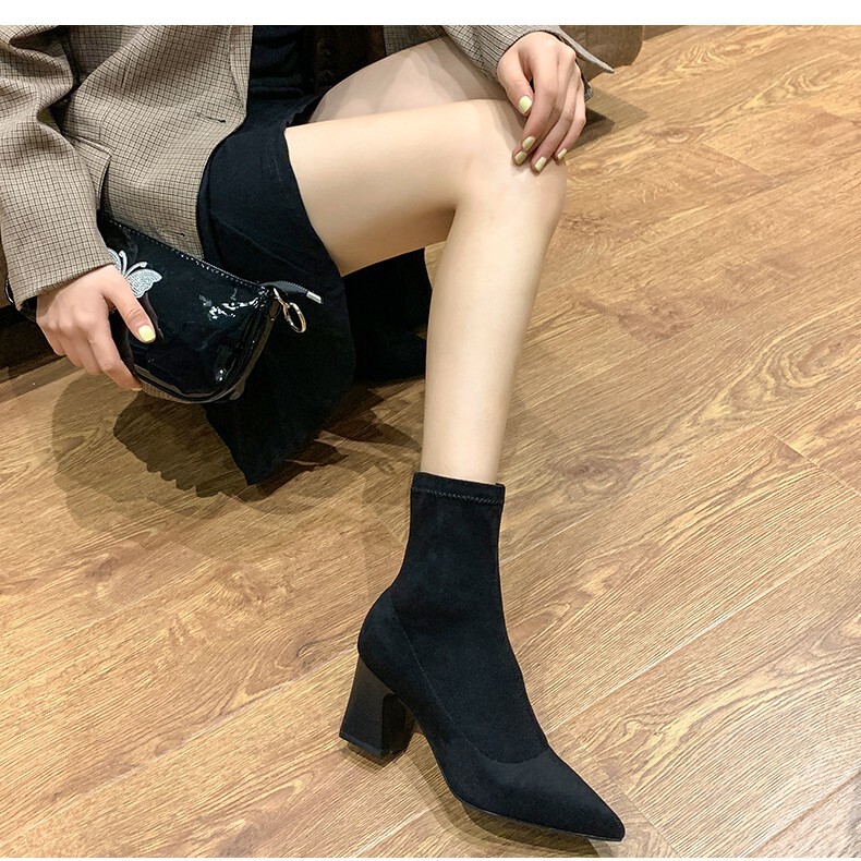 Black Suede Short Boots for Women 2025, Chunky High-Heeled Mid-Calf Boots, Versatile Pointed-Toe Sock Boots, Stretchy Slim Boots, Stiletto Heels