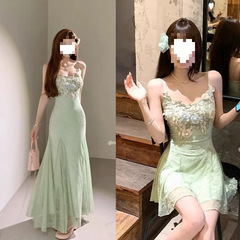 在庫あり 水中三匹の魚 ミントマンボ グリーンサスペンダードレス レディース フレンチフィッシュテールスカート 美しいホリデーロングスカート 夏