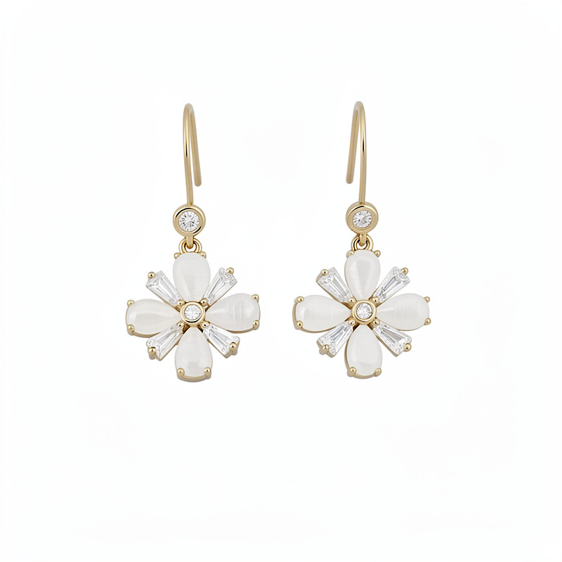 Zircon ojo de gato piedra flor gancho de orejas moda versátil temperamento diario pendientes ligero lujo alto sentido exquisito orejas al por mayor