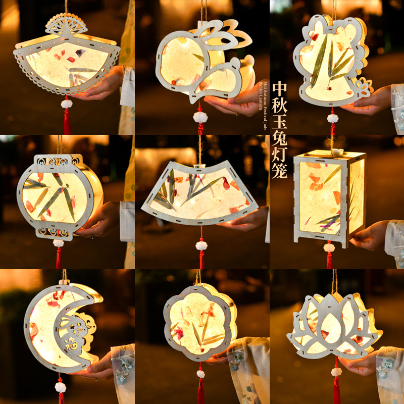 新年灯笼发光手提古风花草纸花灯儿童手工diy材料包木质灯笼元宵