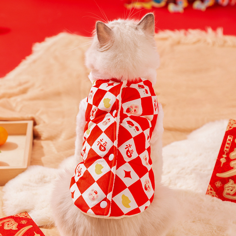 Year Cat Clothes Diamond Print Imitation Rabbit Fur Ragdoll Blue Cat Warm Vest Festive Year Pet Clothing