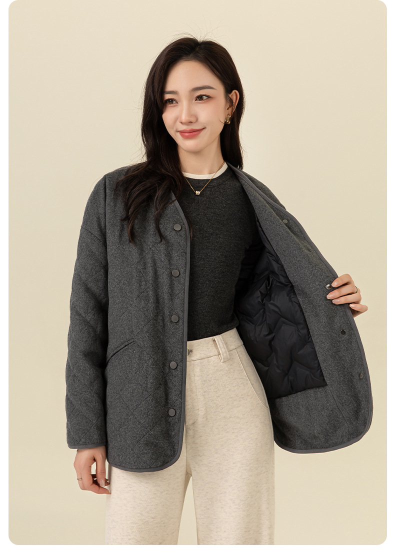 Áo khoác len cardigan nữ lót lông vũ trắng 90% dày dặn mùa đông — mã não màu xám chi tiết 18
