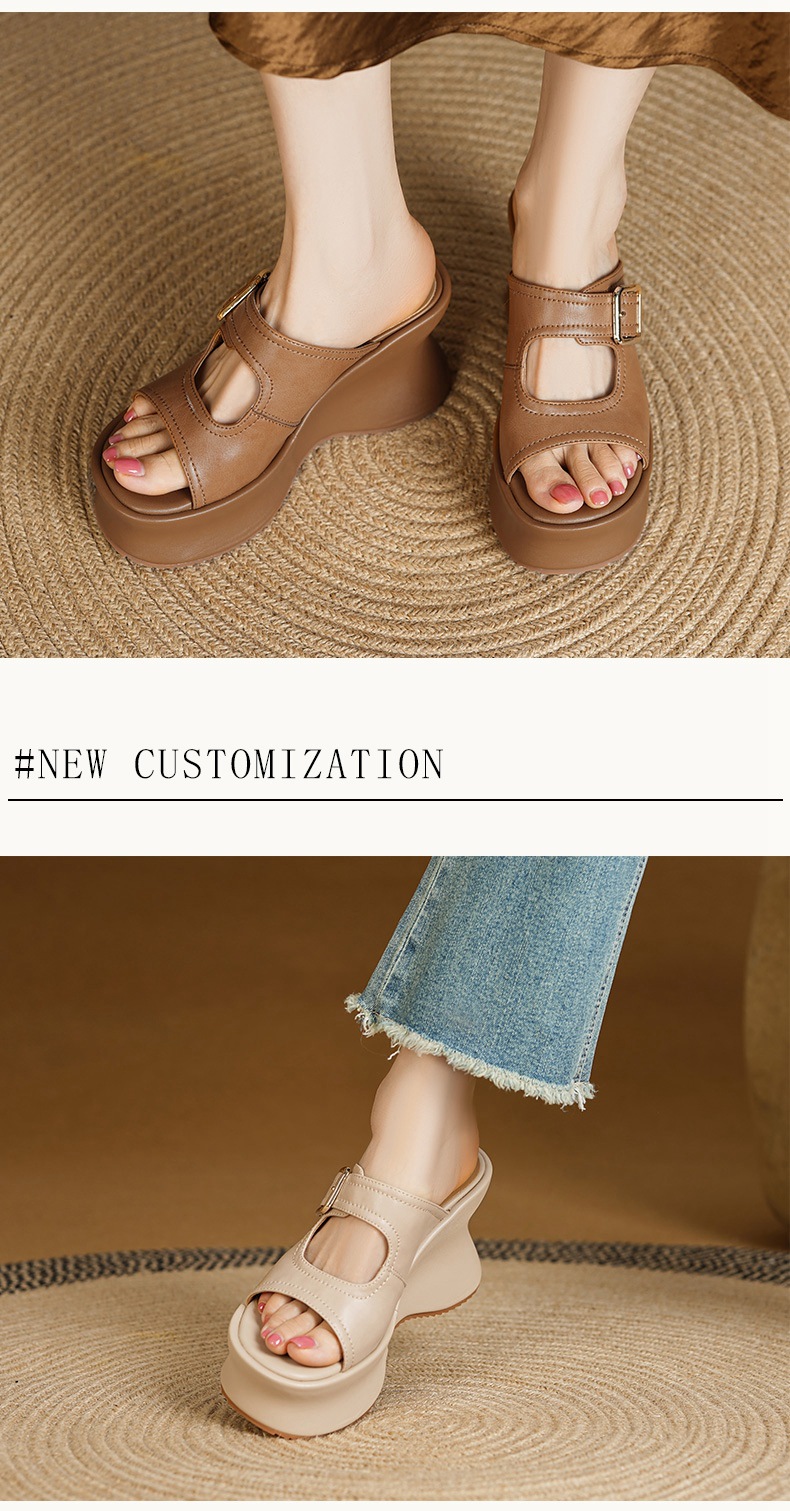 Sandal hở mũi nữ đế xuồng cao gót 9 cm quai ngang khóa móc da bò — màu nâu chi tiết 3